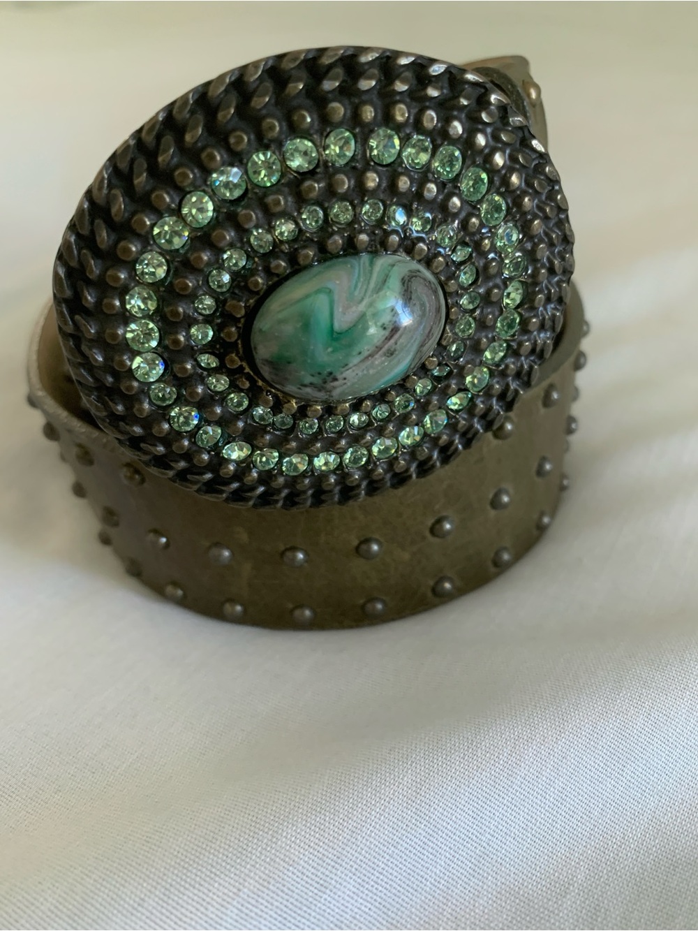 Streets Ahead Olive Green Studded Leather Statement Belt Crystal Medallion S
